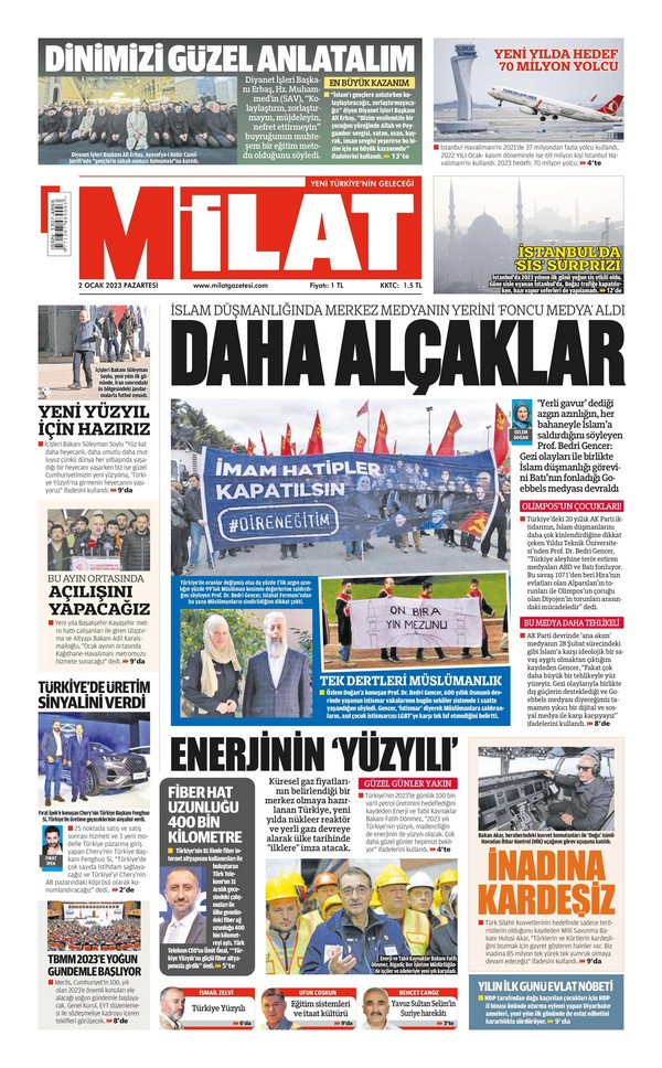 Milat Gazetesi 2 Ocak 2023, Pazartesi Günü Manşeti