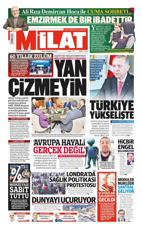 Milat Gazetesi 20 Ocak 2023, Cuma Günü Manşeti