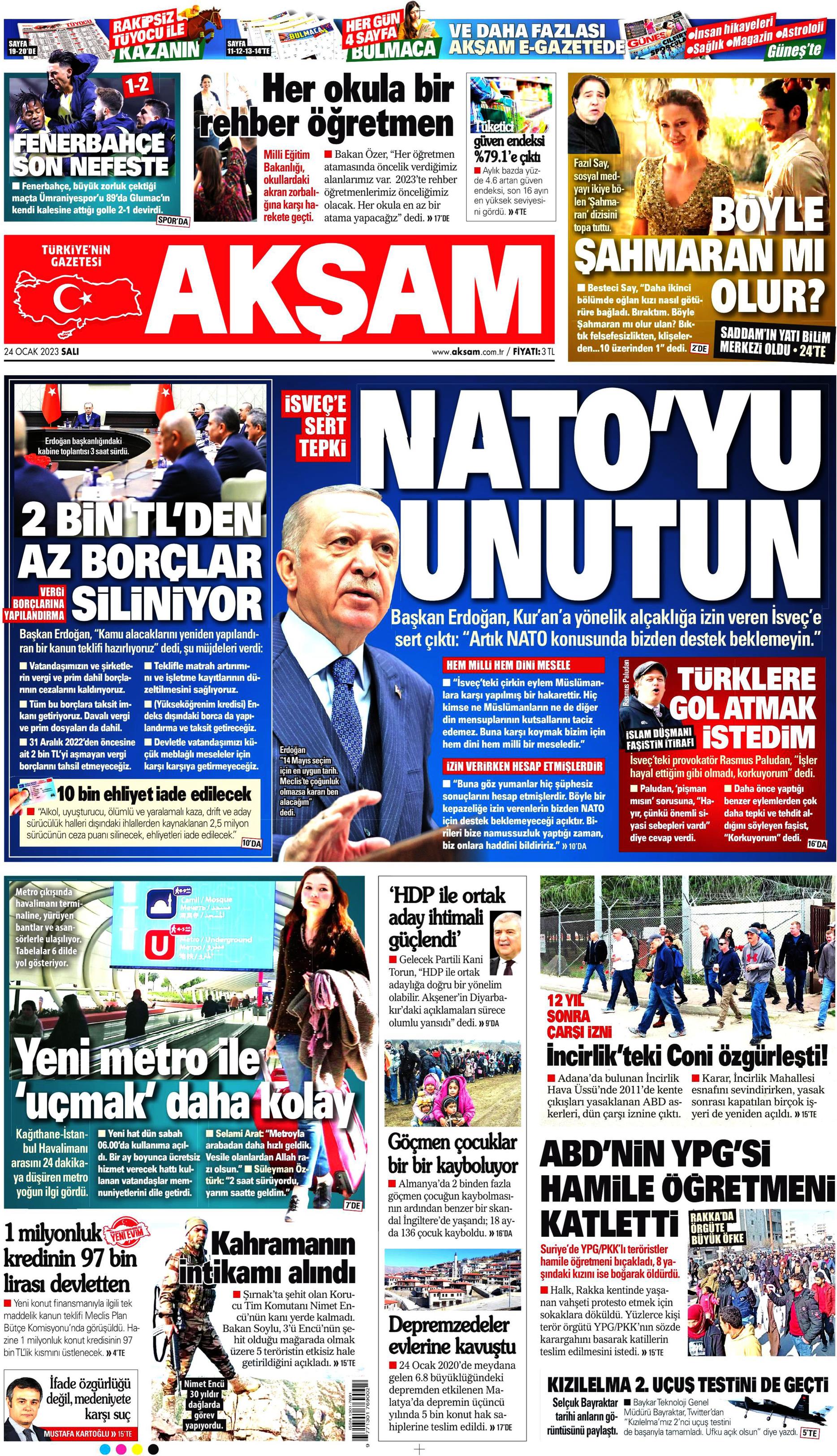 Akşam Gazetesi 24 Ocak 2023, Salı Günü Manşeti