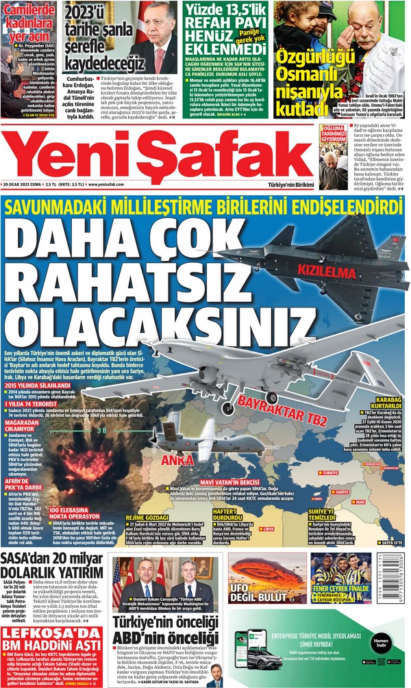 Yeni Şafak Gazetesi 20 Ocak 2023, Cuma Günü Manşeti