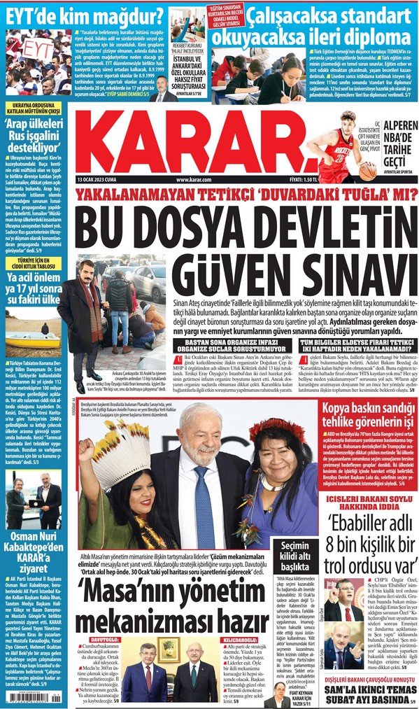 Karar 13 Ocak 2023, Cuma Günü Manşeti