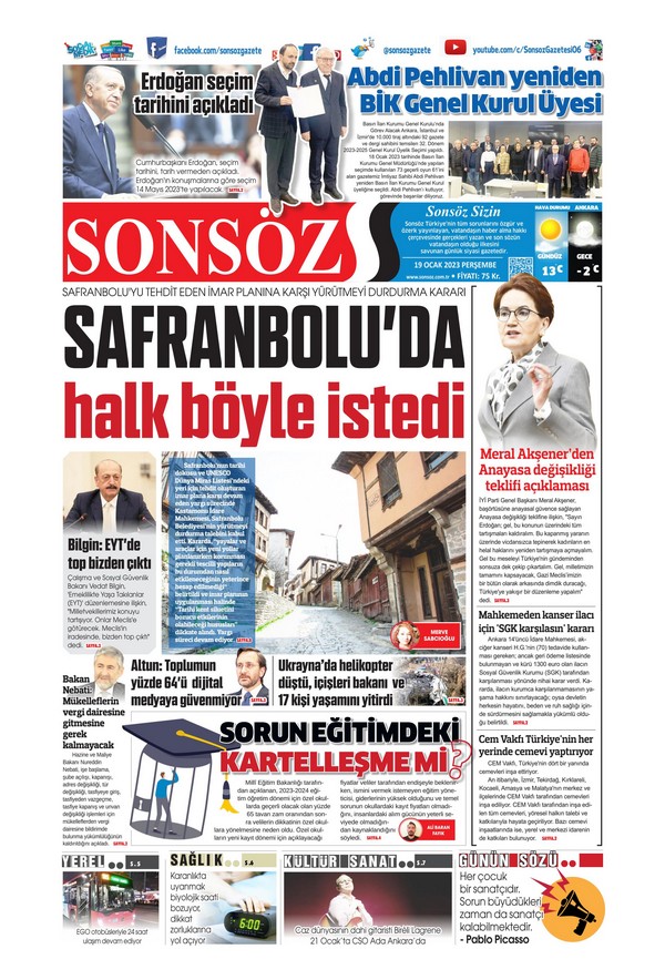 Sonsöz Gazetesi 19 Ocak 2023, Perşembe Günü Manşeti