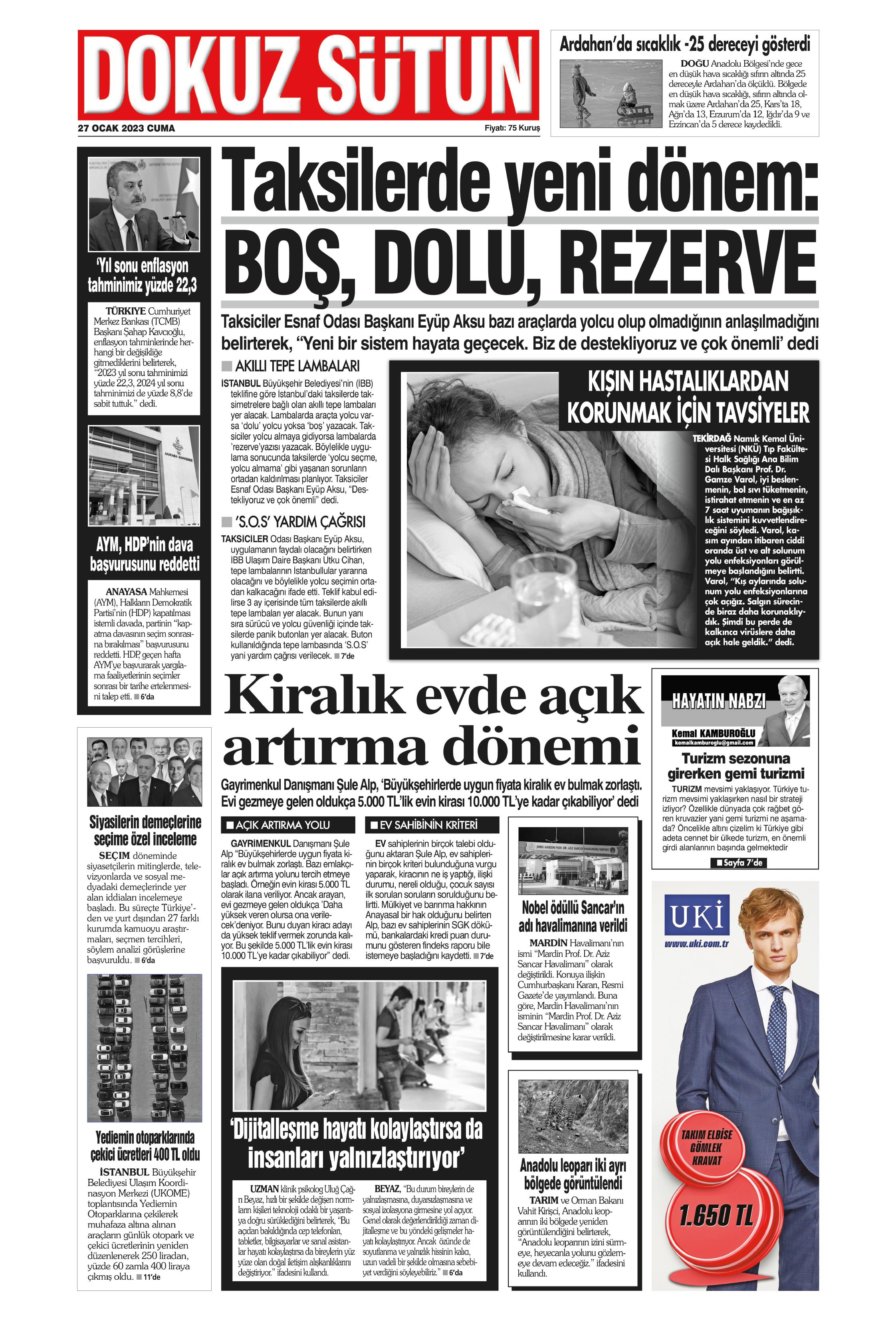 Dokuz Sütun Gazetesi 27 Ocak 2023, Cuma Günü Manşeti