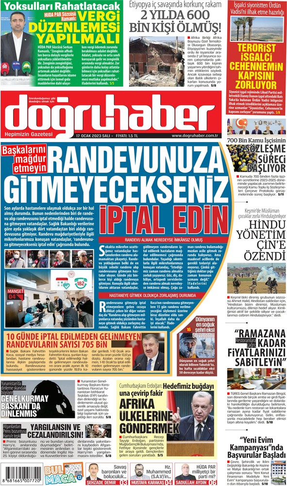 Doğruhaber Gazetesi 17 Ocak 2023, Salı Günü Manşeti