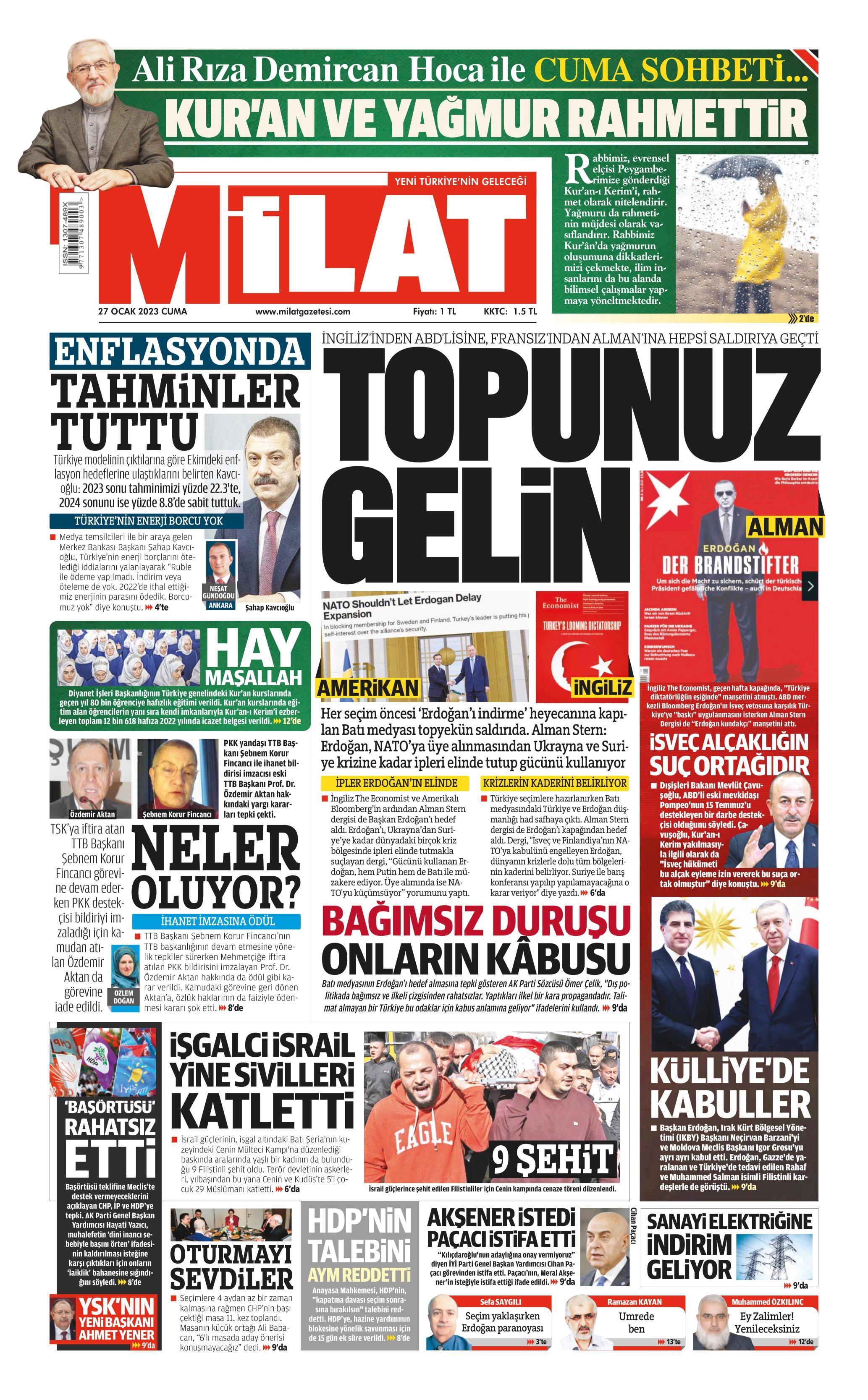 Milat Gazetesi 27 Ocak 2023, Cuma Günü Manşeti