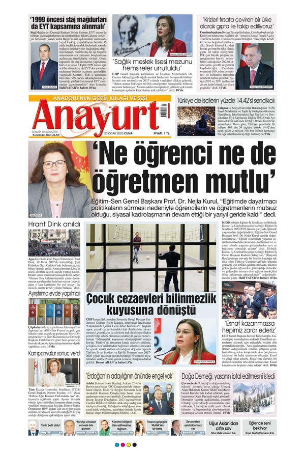 Anayurt Gazetesi 20 Ocak 2023, Cuma Günü Manşeti