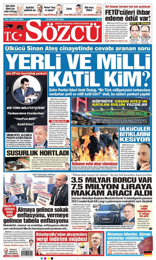 Sözcü Gazetesi 10 Ocak 2023, Salı Günü Manşeti