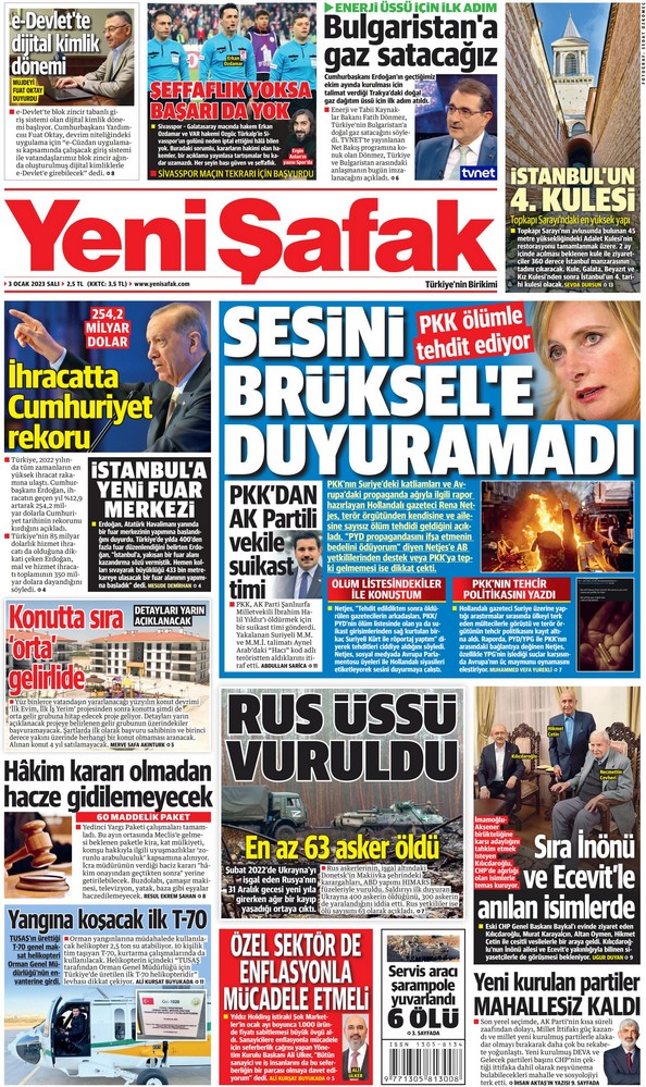 Yeni Şafak Gazetesi 3 Ocak 2023, Salı Günü Manşeti