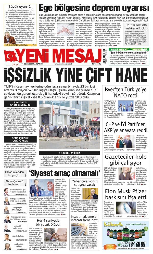 Yeni Mesaj Gazetesi 11 Ocak 2023, Çarşamba Günü Manşeti