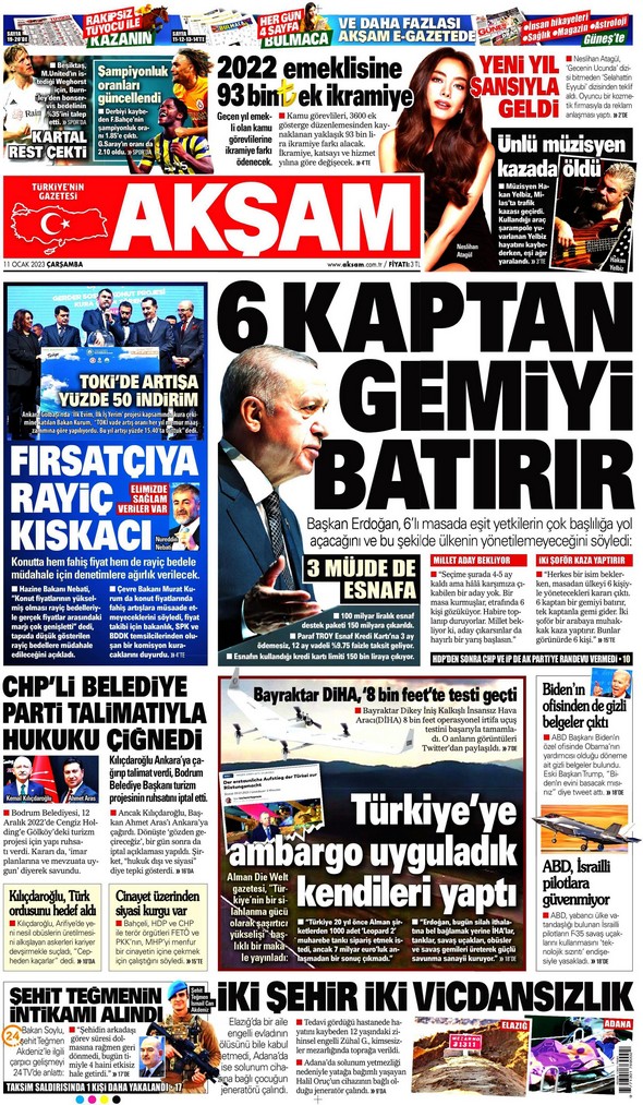 Akşam Gazetesi 11 Ocak 2023, Çarşamba Günü Manşeti