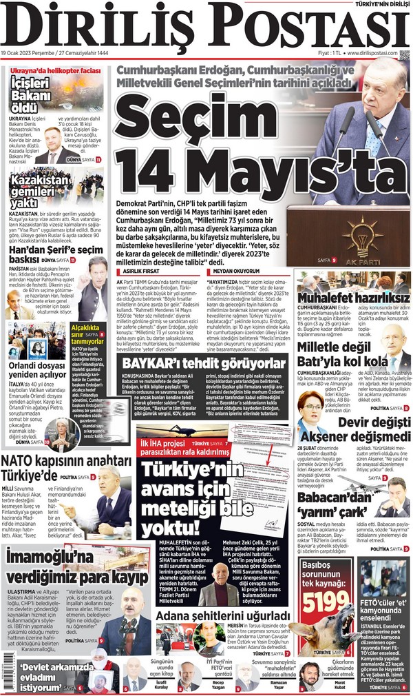 Diriliş Postası Gazetesi 19 Ocak 2023, Perşembe Günü Manşeti