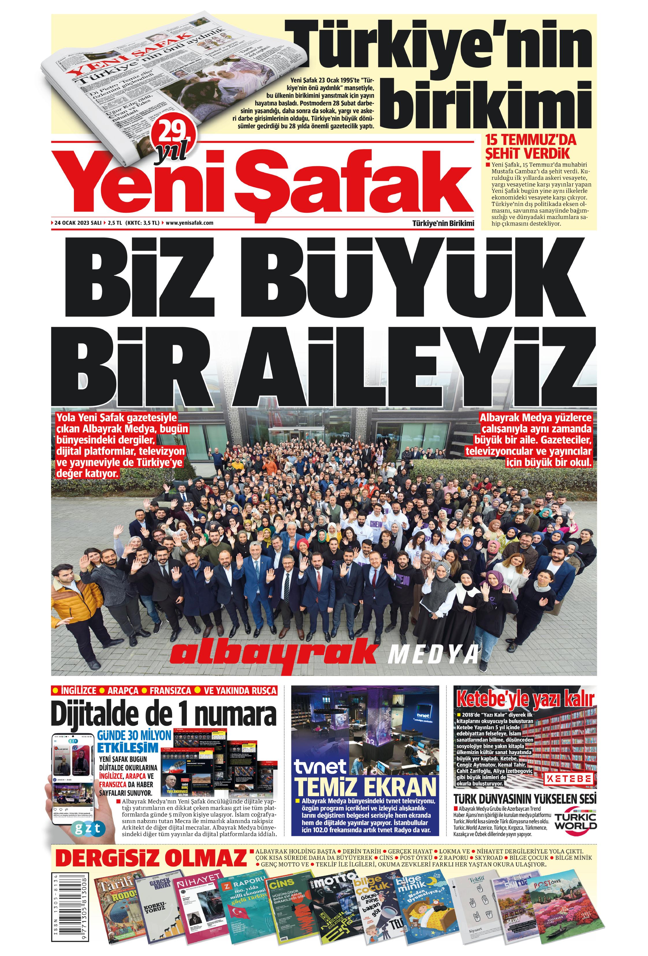 Yeni Şafak Gazetesi 24 Ocak 2023, Salı Günü Manşeti