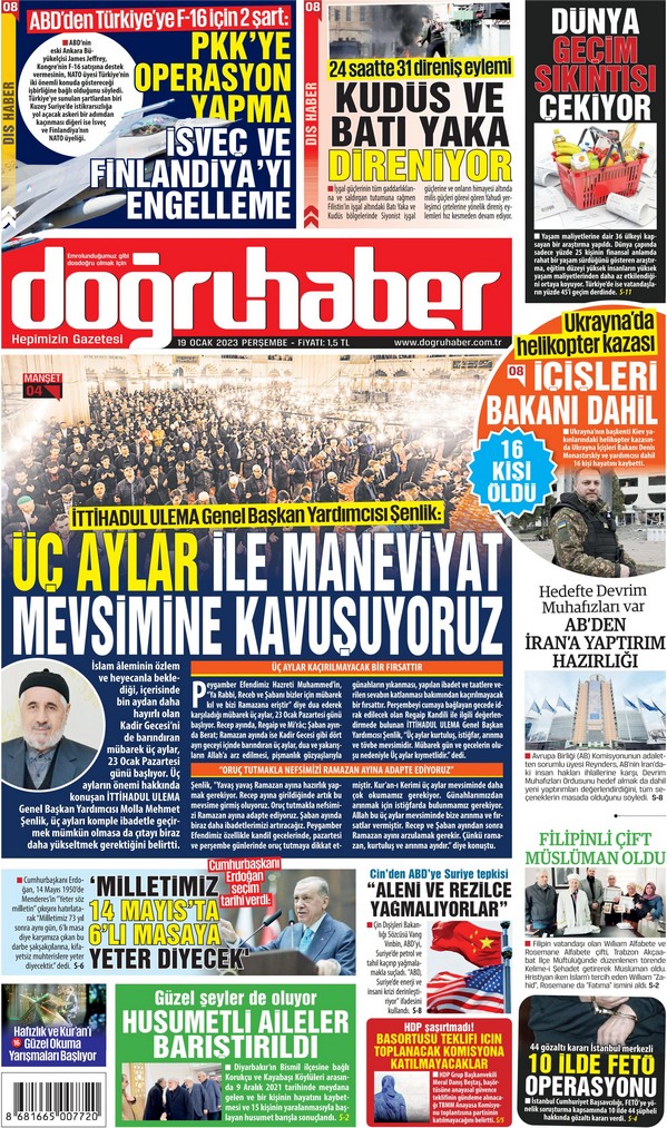 Doğruhaber Gazetesi 19 Ocak 2023, Perşembe Günü Manşeti