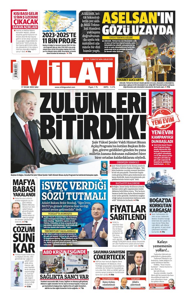 Milat Gazetesi 17 Ocak 2023, Salı Günü Manşeti