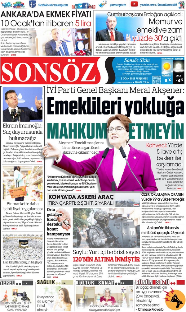 Sonsöz Gazetesi 5 Ocak 2023, Perşembe Günü Manşeti