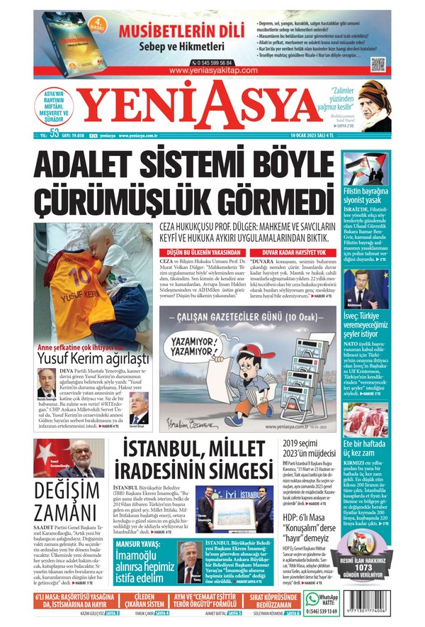 Yeni Asya Gazetesi 10 Ocak 2023, Salı Günü Manşeti