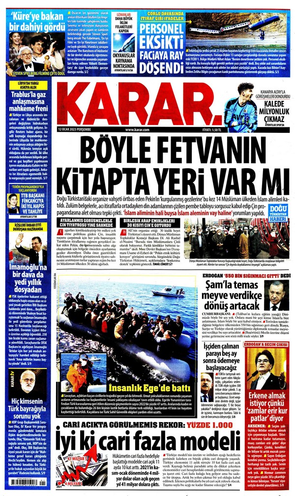 Karar Gazetesi 12 Ocak 2023, Perşembe Günü Manşeti