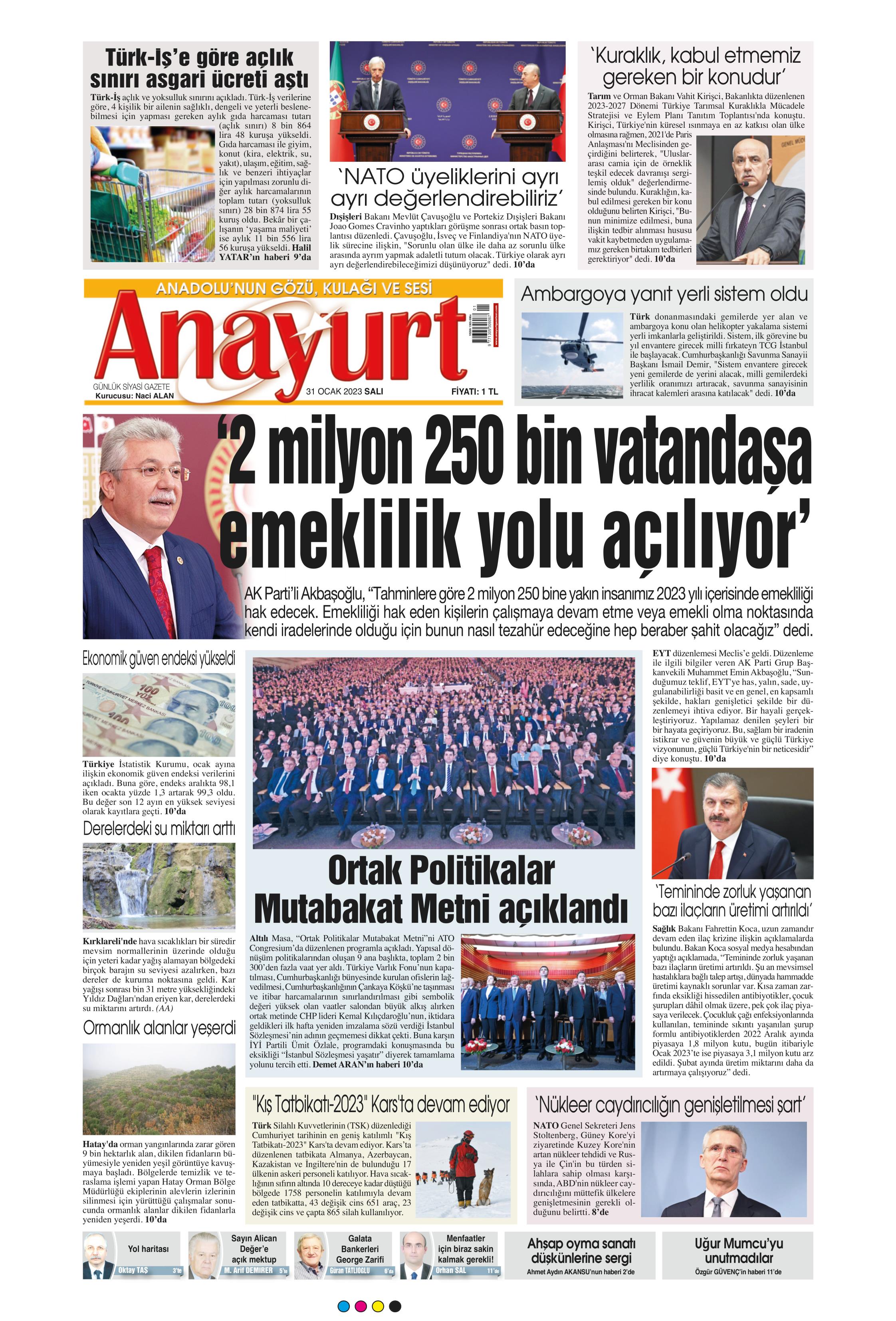 Anayurt Gazetesi 31 Ocak 2023, Salı Günü Manşeti