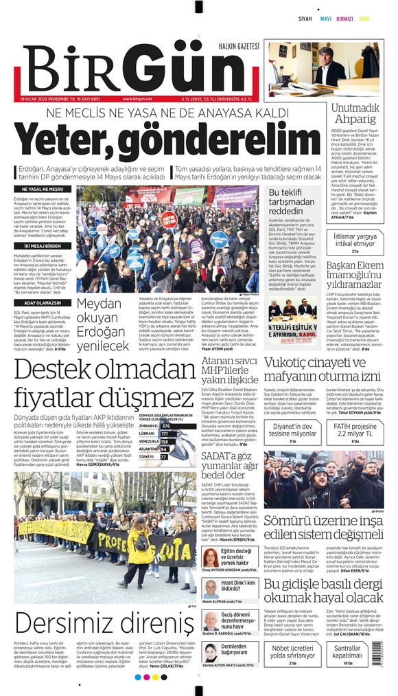 Birgün Gazetesi 19 Ocak 2023, Perşembe Günü Manşeti