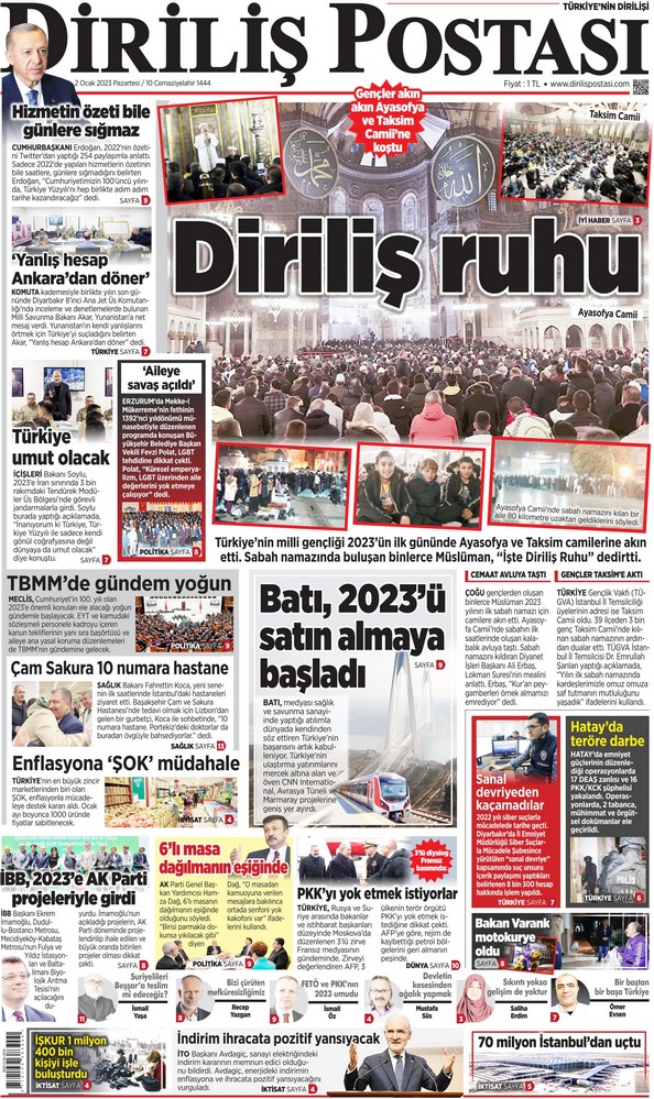 Diriliş Postası Gazetesi 2 Ocak 2023, Pazartesi Günü Manşeti