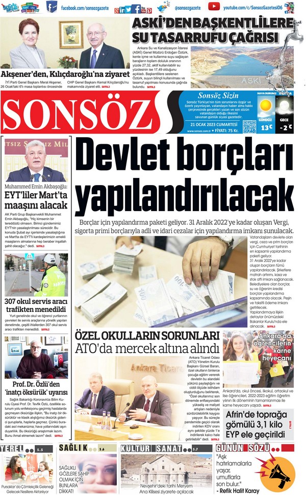 Sonsöz Gazetesi 21 Ocak 2023, Cumartesi Günü Manşeti