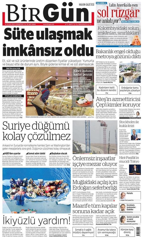 Birgün Gazetesi 14 Ocak 2023, Cumartesi Günü Manşeti