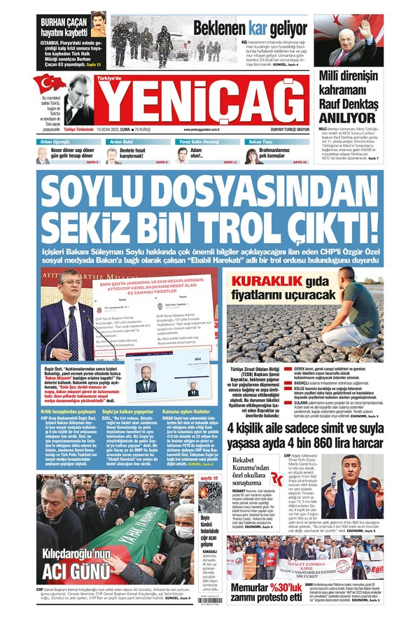 Yeniçağ Gazetesi 13 Ocak 2023, Cuma Günü Manşeti