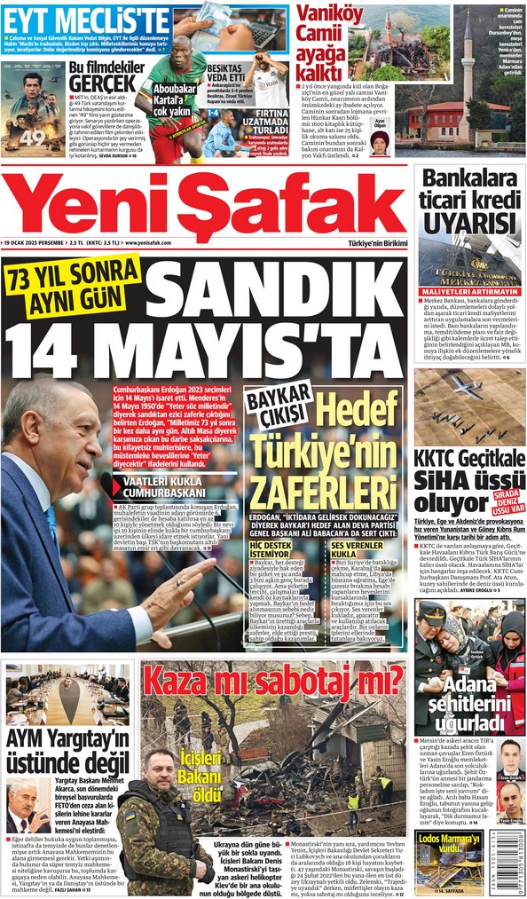 yeni şafak Gazetesi 19 Ocak 2023, Perşembe Günü Manşeti