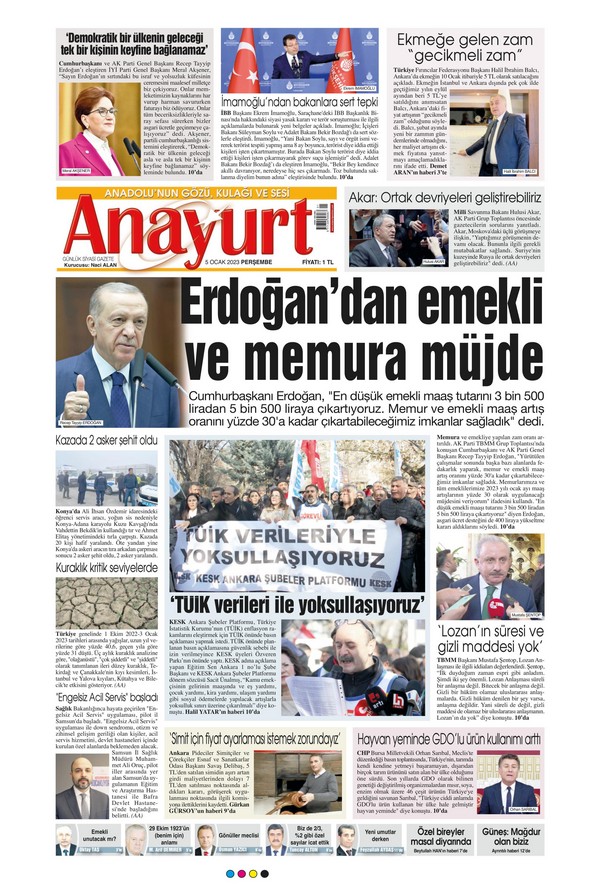 Anayurt Gazetesi 5 Ocak 2023, Perşembe Günü Manşeti