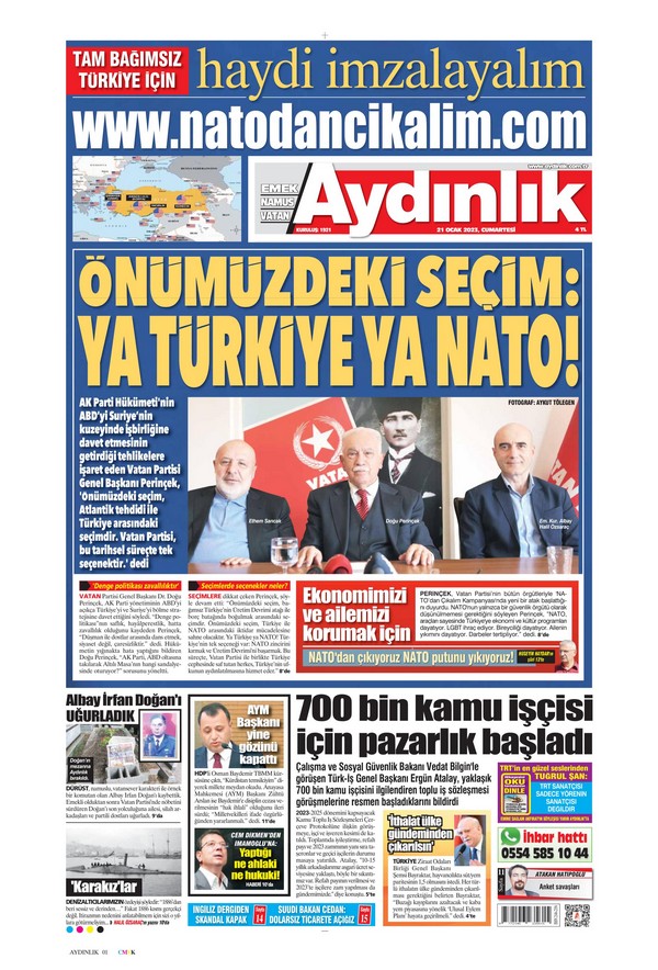 Aydınlık Gazetesi 21 Ocak 2023, Cumartesi Günü Manşeti