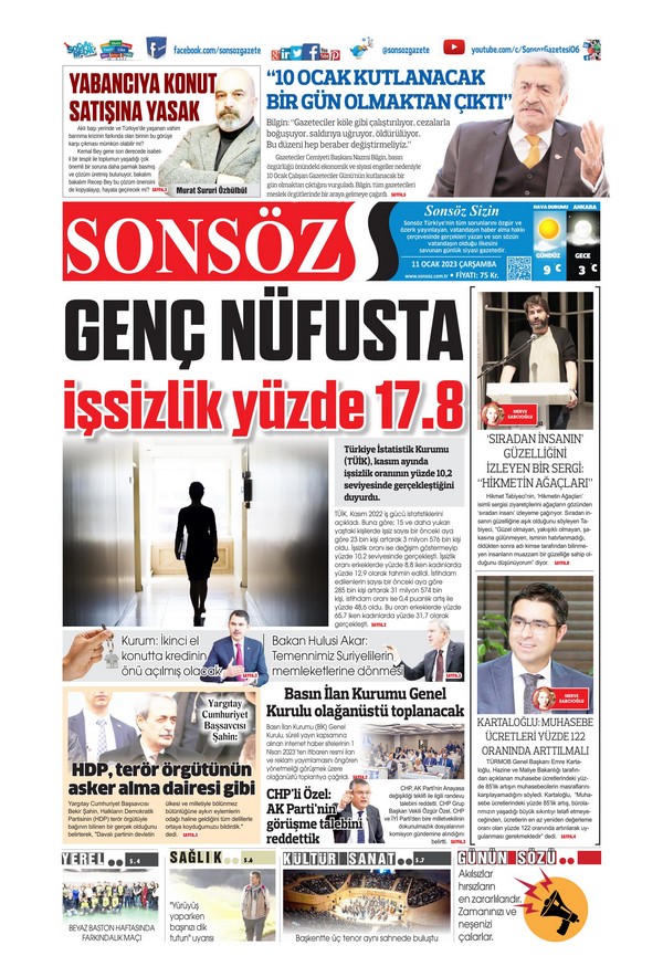 Sonsöz Gazetesi 11 Ocak 2023, Çarşamba Günü Manşeti