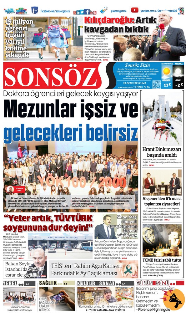 Sonsöz Gazetesi 20 Ocak 2023, Cuma Günü Manşeti