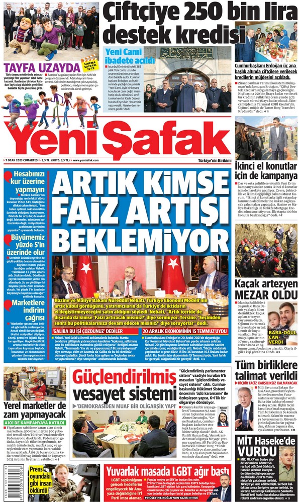 Yeni Şafak Gazetesi 7 Ocak 2023, Cumartesi Günü Manşeti