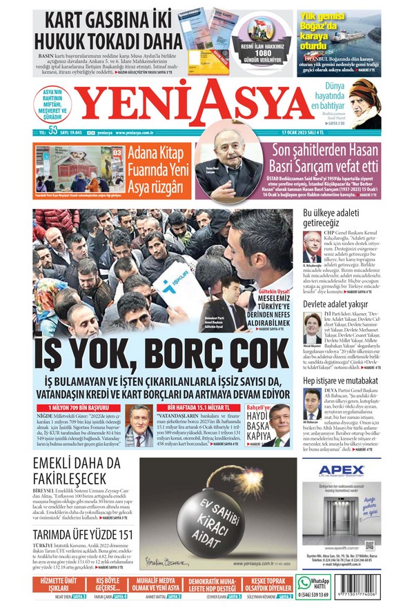 Yeni Asya Gazetesi 17 Ocak 2023, Salı Günü Manşeti