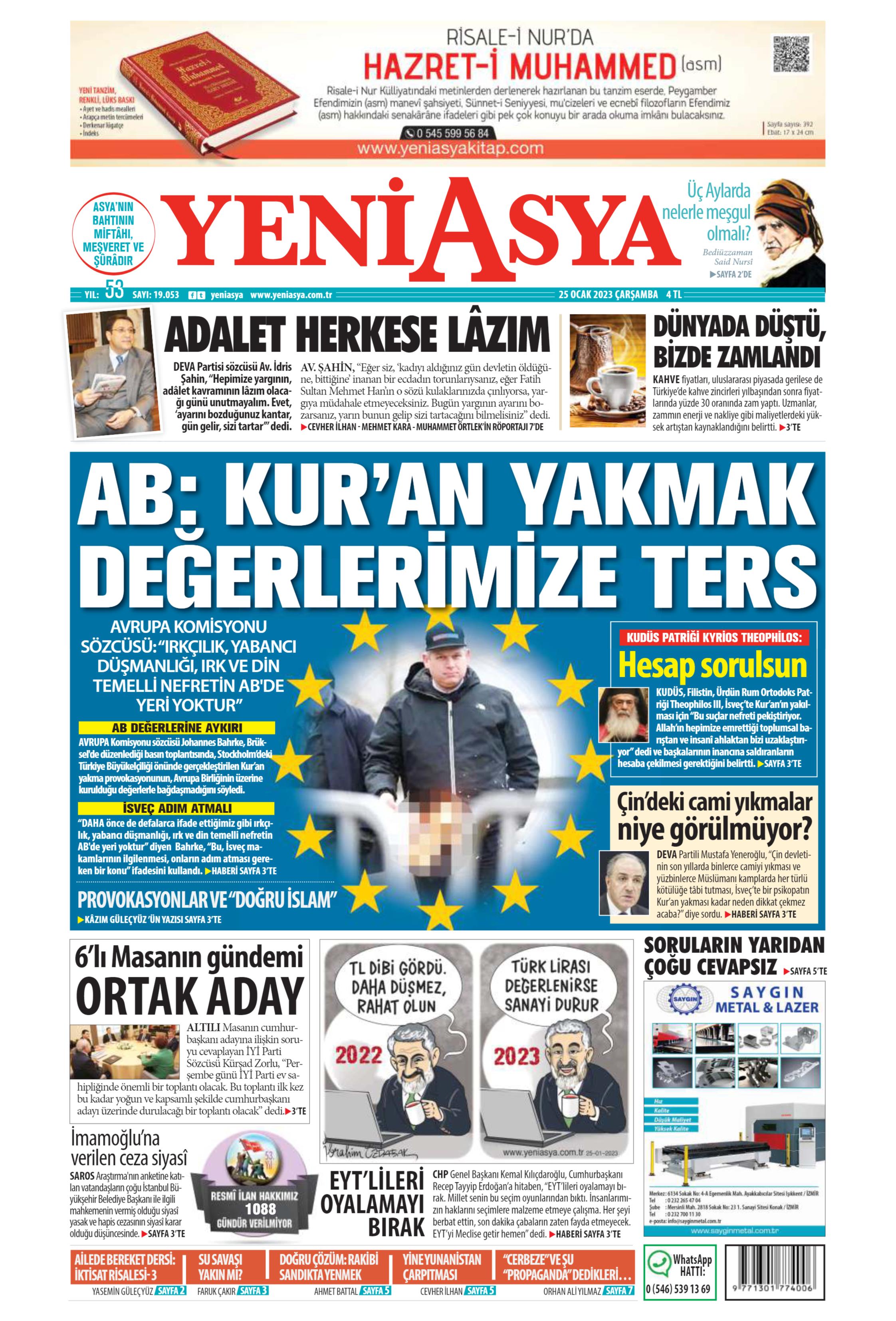 Yeni Asya Gazetesi 25 Ocak 2023, Çarşamba Günü Manşeti