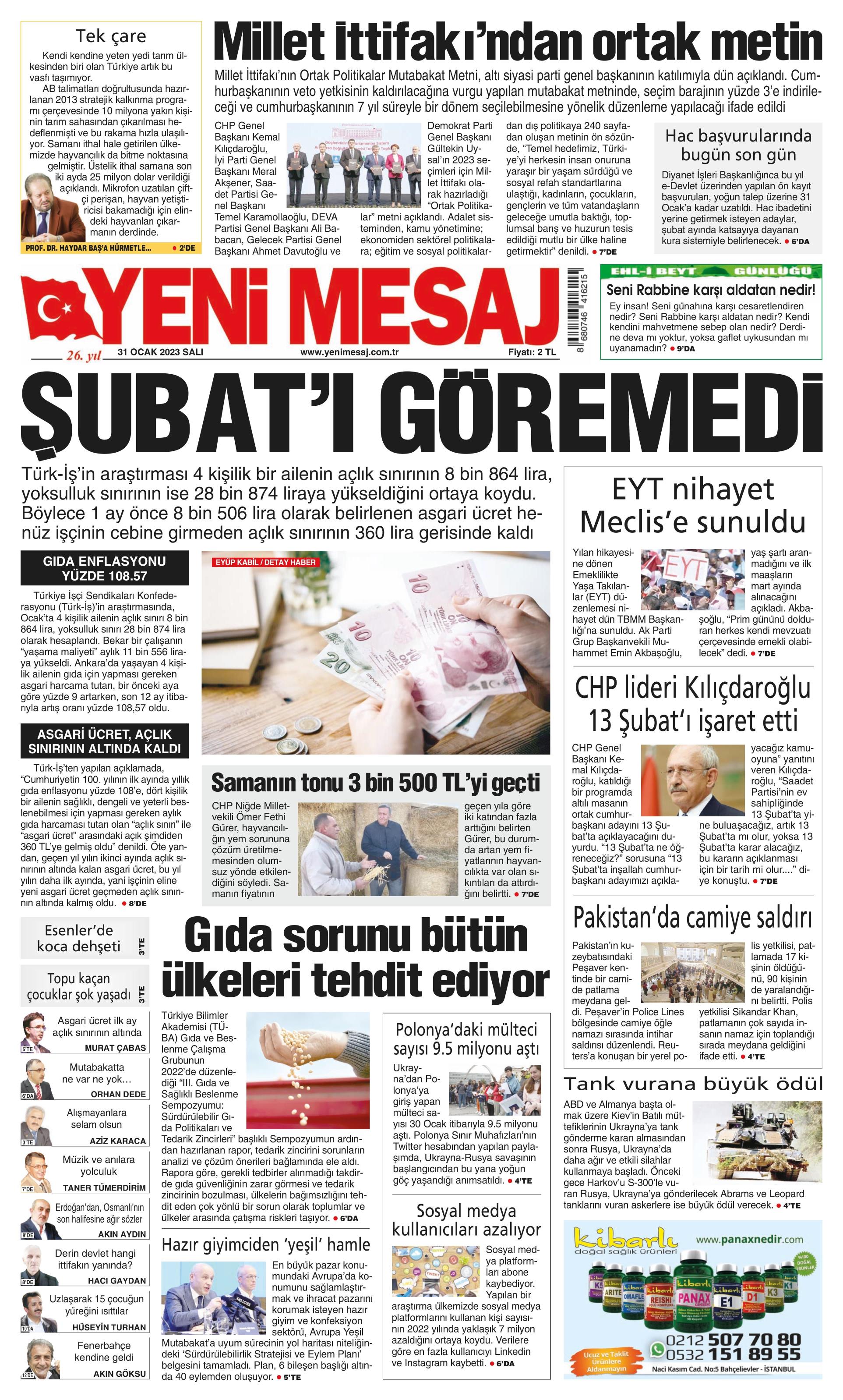 Yeni Mesaj Gazetesi 31 Ocak 2023, Salı Günü Manşeti