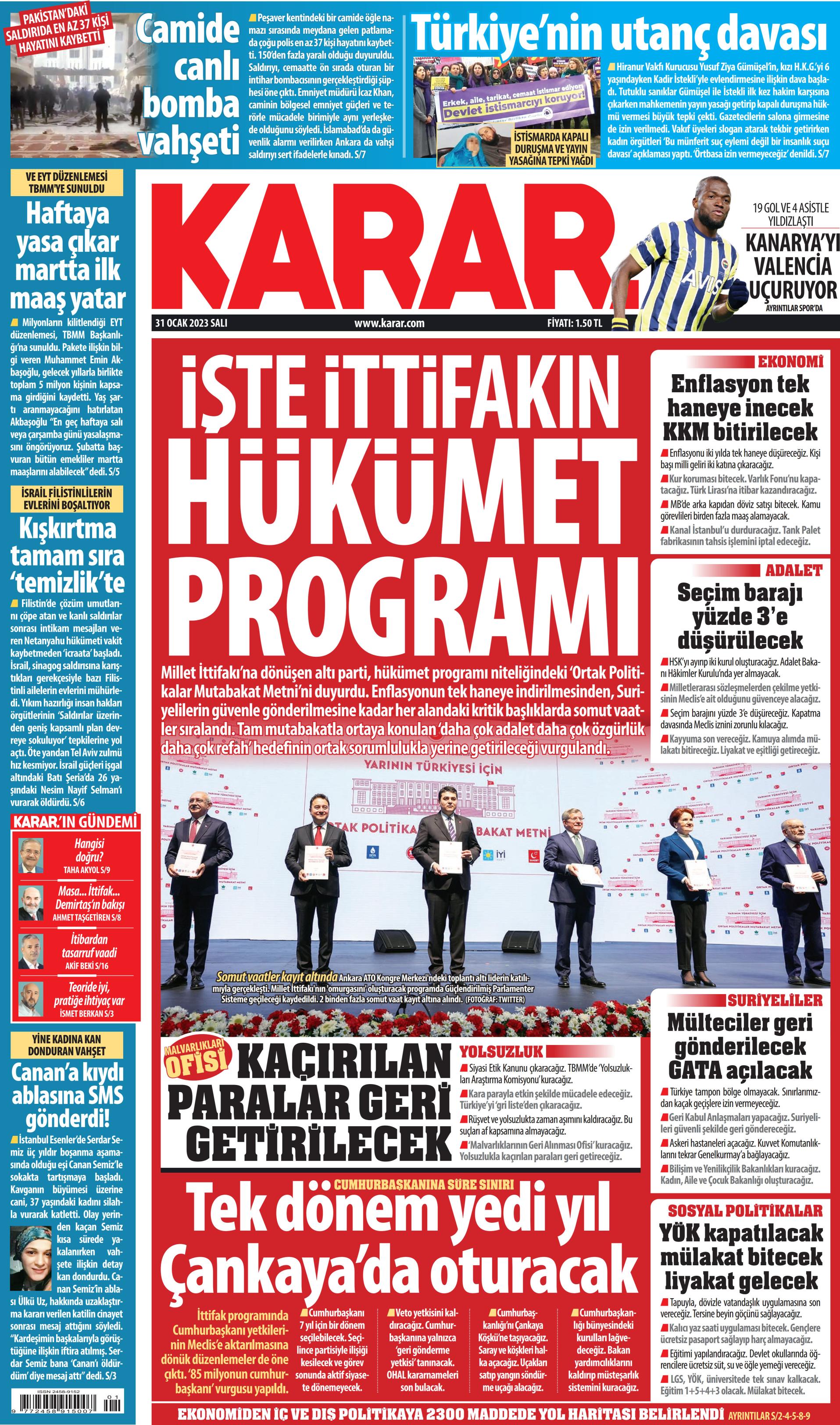 Karar Gazetesi 31 Ocak 2023, Salı Günü Manşeti