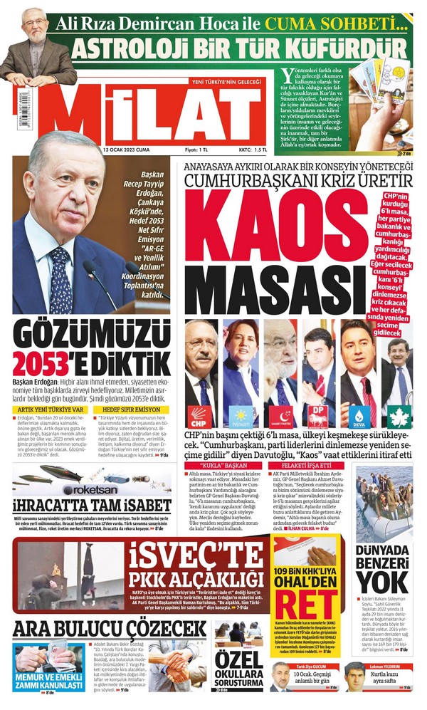 Milat 13 Ocak 2023, Cuma Günü Manşeti