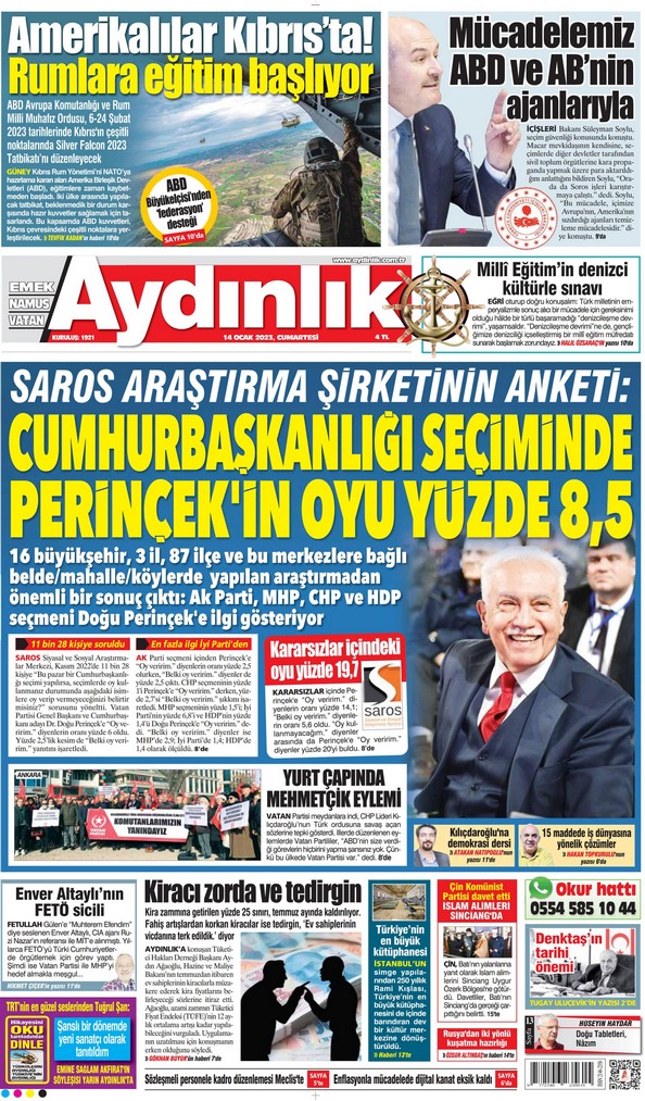 Aydınlık Gazetesi 14 Ocak 2023, Cumartesi Günü Manşeti