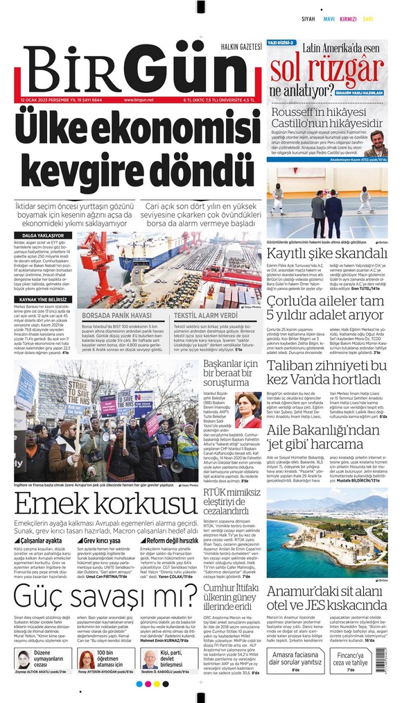 Birgün Gazetesi 12 Ocak 2023, Perşembe Günü Manşeti