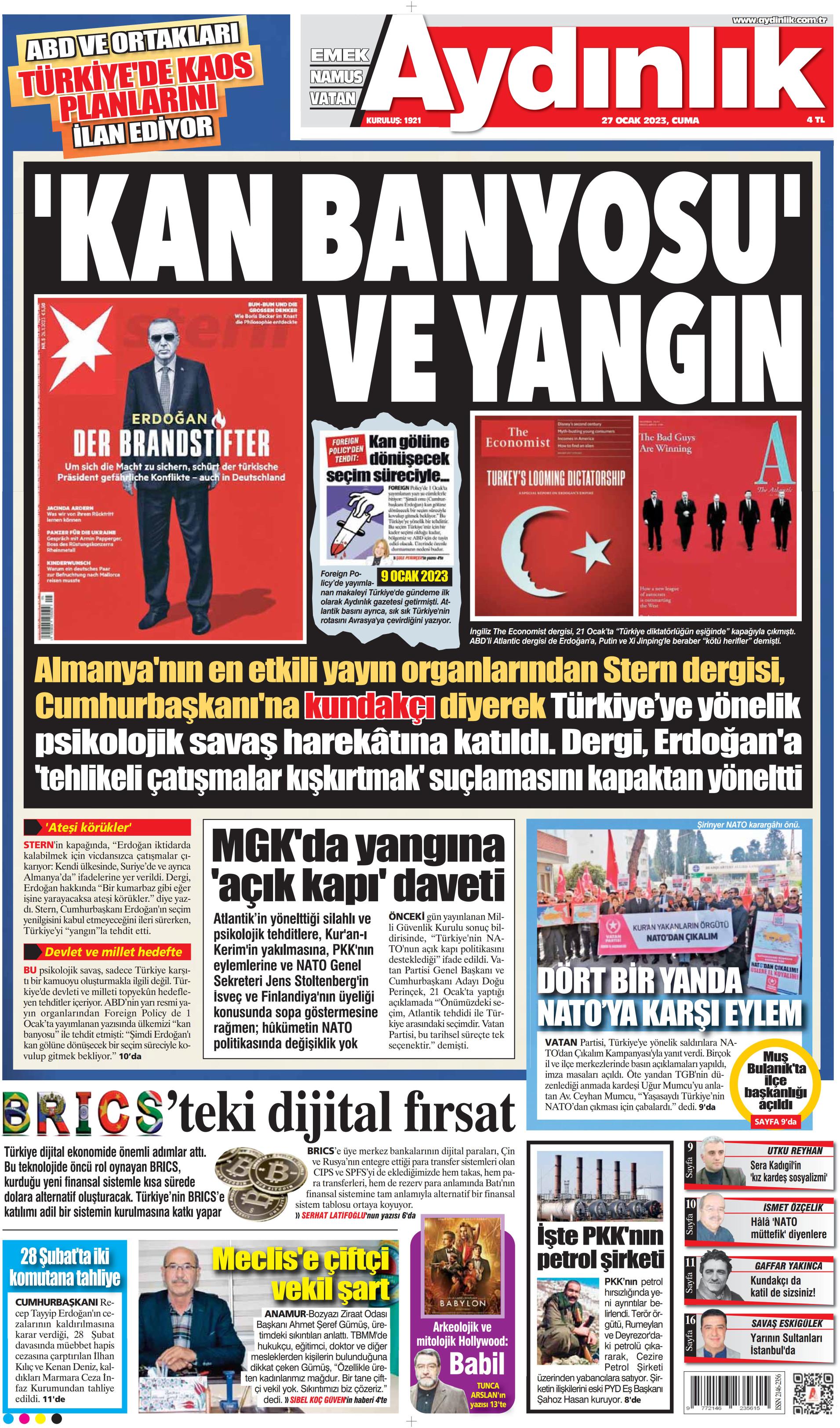 Aydınlık Gazetesi 27 Ocak 2023, Cuma Günü Manşeti