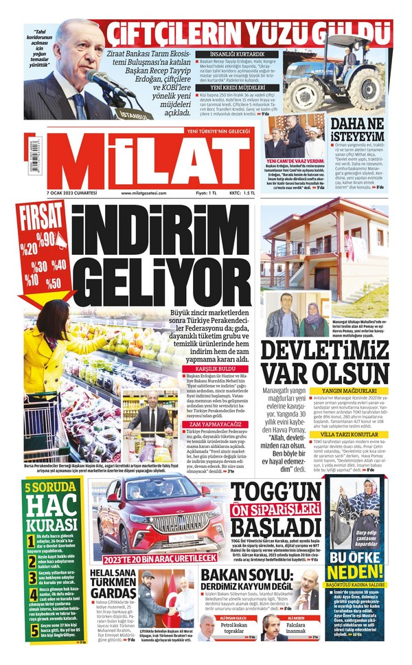 Milat Gazetesi 7 Ocak 2023, Cumartesi Günü Manşeti