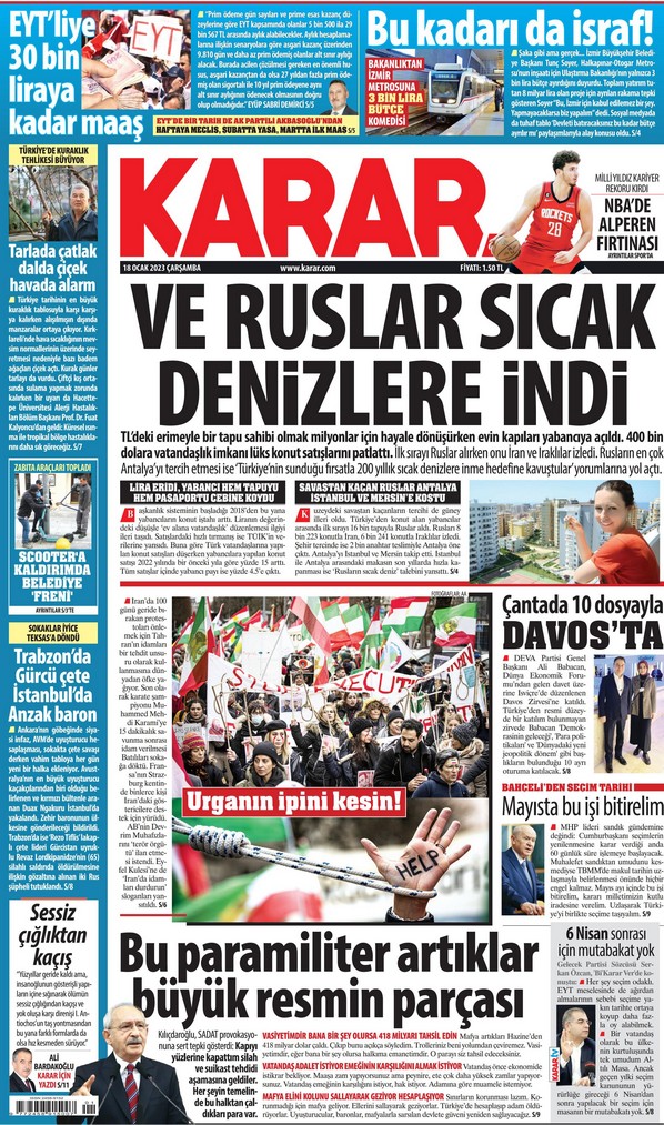 Karar Gazetesi 18 Ocak 2023, Çarşamba Günü Manşeti