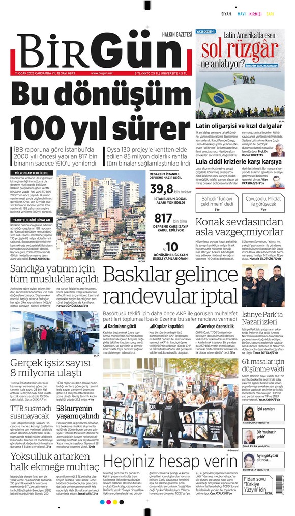 Birgün  Gazetesi 11 Ocak 2023, Çarşamba Günü Manşeti