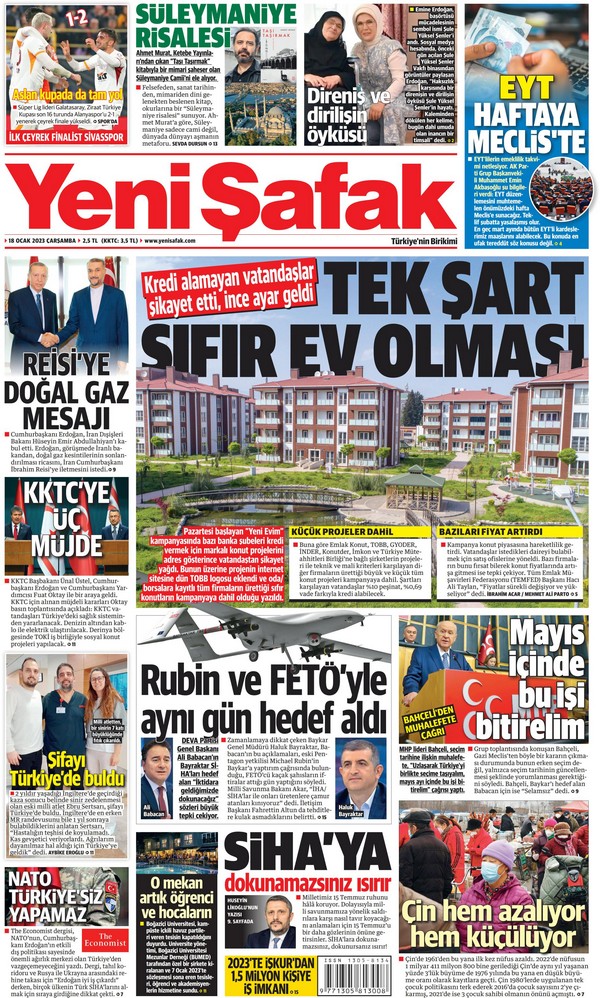 Yeni Şafak Gazetesi 18 Ocak 2023, Çarşamba Günü Manşeti