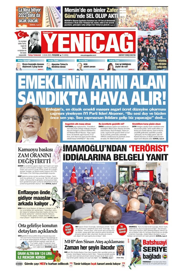 Yeniçağ Gazetesi 5 Ocak 2023, Perşembe Günü Manşeti