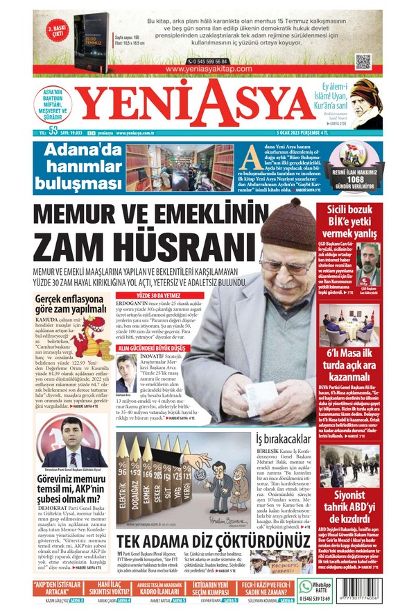 Yeni Asya Gazetesi 5 Ocak 2023, Perşembe Günü Manşeti