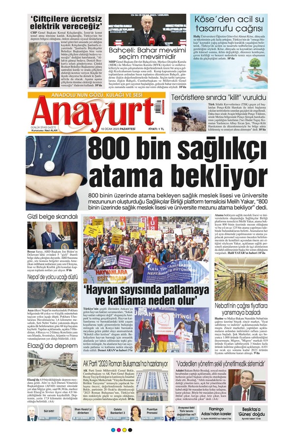 Anayurt Gazetesi 16 Ocak 2023, Pazartesi Günü Manşeti