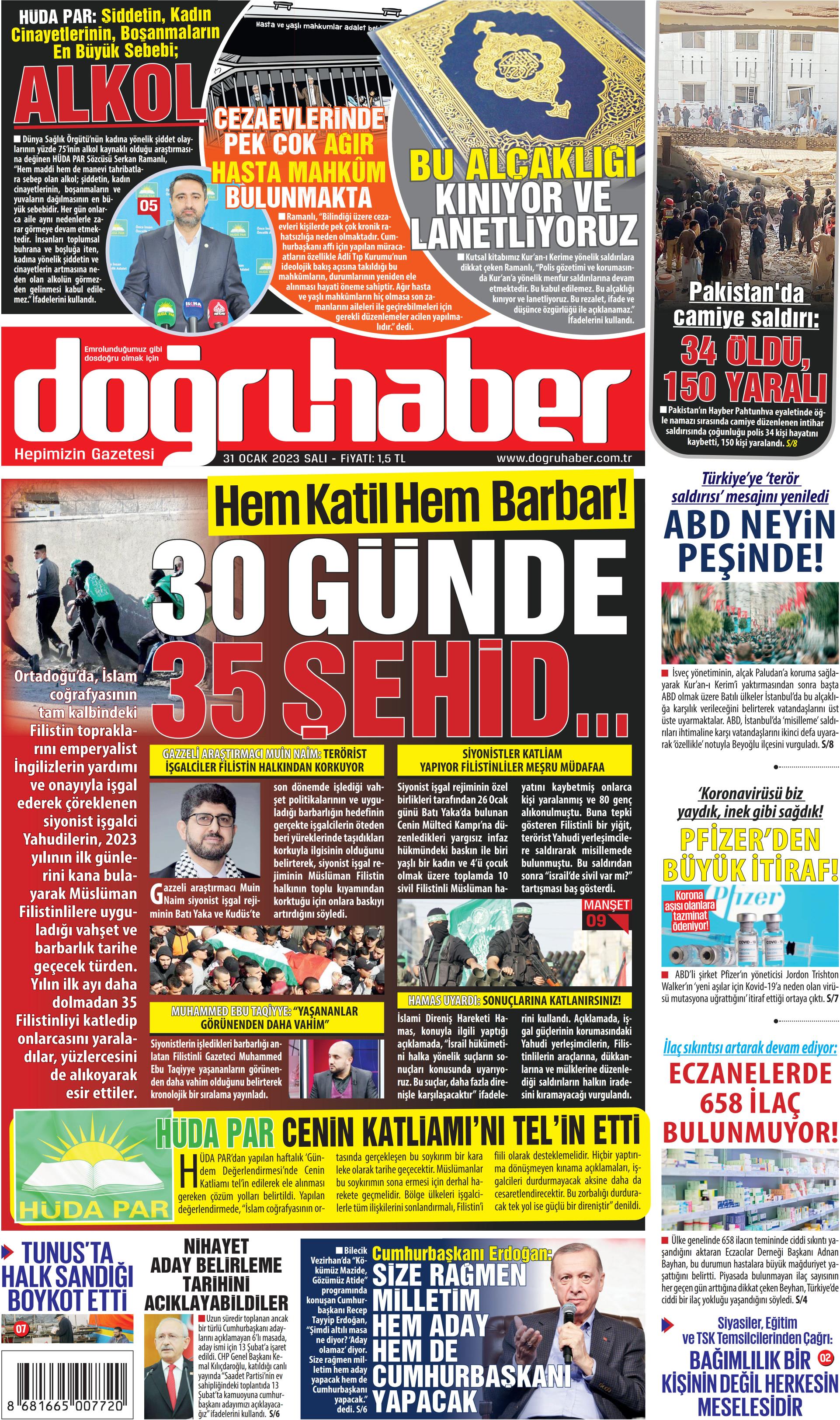 Doğruhaber Gazetesi 31 Ocak 2023, Salı Günü Manşeti