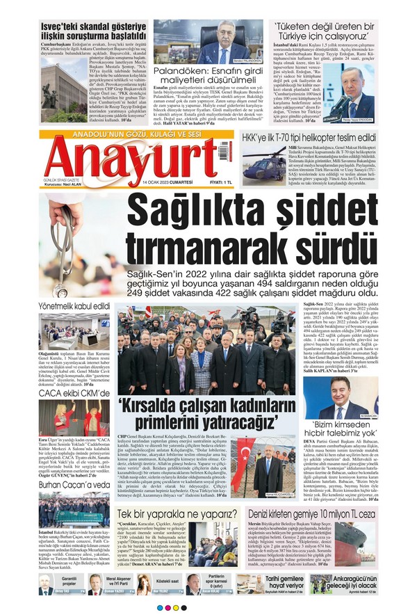 Anayurt Gazetesi 14 Ocak 2023, Cumartesi Günü Manşeti